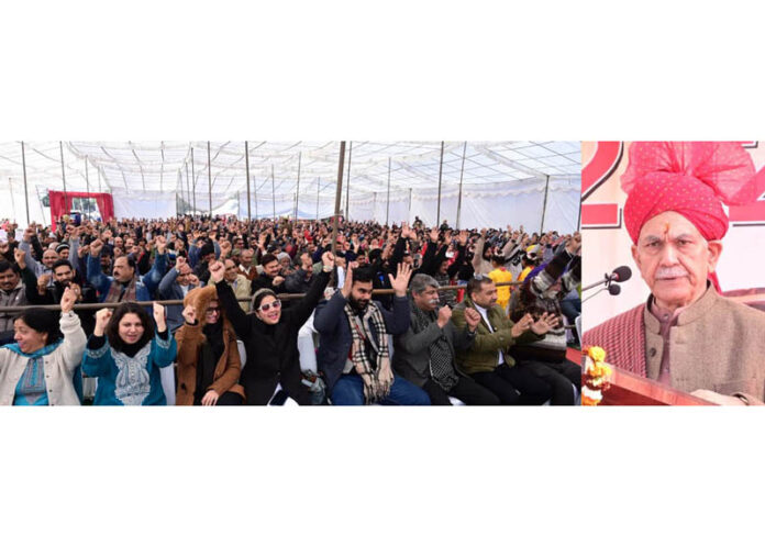 LG Manoj Sinha addressing a function at Gurha Slathia in Samba on Sunday.