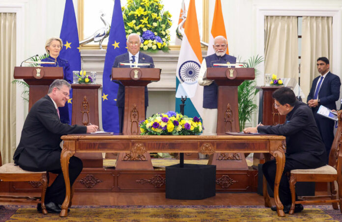 Prime Minister Narendra Modi along with European Council President Antonio Costa and European Commission President Ursula von der Leyen witnesses an MoU signing during a joint press statement, at Hyderabad House in New Delhi on Tuesday. (UNI)