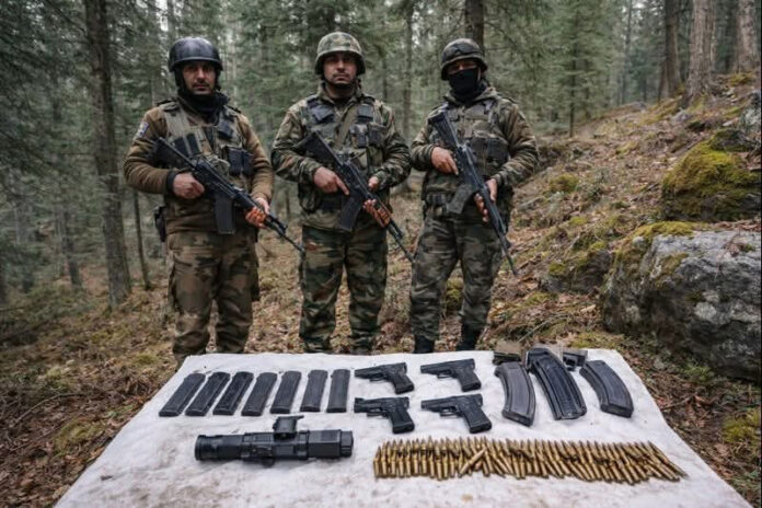 Arms and ammunition recovered in Kupwara forests. —Excelsior/Abid Nabi