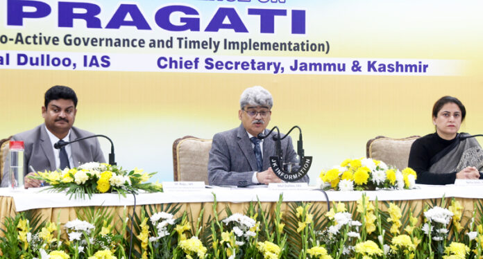 Chief Secretary Atal Dulloo addressing a press conference at Jammu on Monday. Also seen are Commissioner Secretary Information M Raju and Director PIB Neha Jalali. —Excelsior/Rakesh