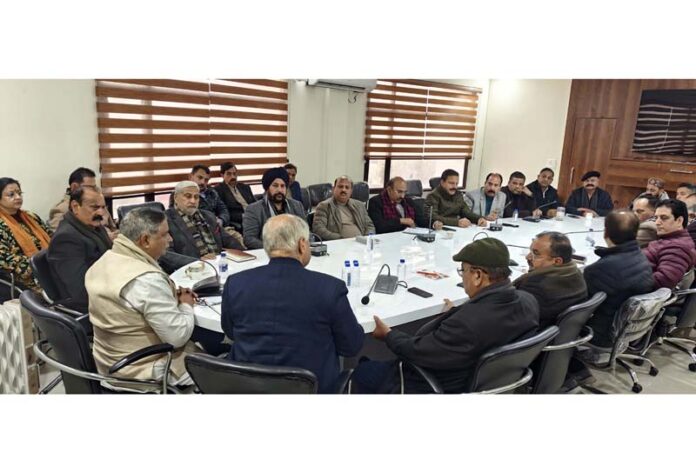 BJP UT president and MP, Sat Sharma chairing the party legislators meeting in Jammu on Sunday.