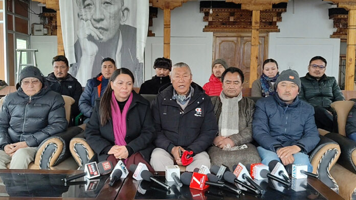 LBA leaders addressing a press conference in Leh on Wednesday.