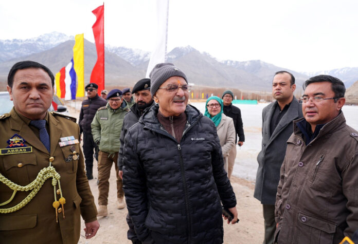 LG Ladakh Kavinder Gupta during inspection of venues ahead of opening ceremony of KIWG-2026 in Leh.
