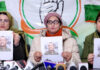 Mahila Congress president Shameema Raina, along with other party members, during a press conference in Srinagar. — Excelsior/Shakeel