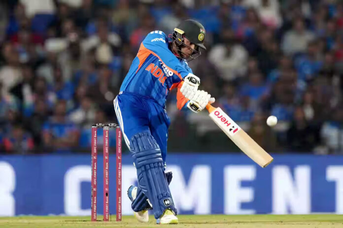 Abhishek Sharma playing a shot during his inning of 84 runs against New Zealand in 1st T20 match at Nagpur on Wednesday.