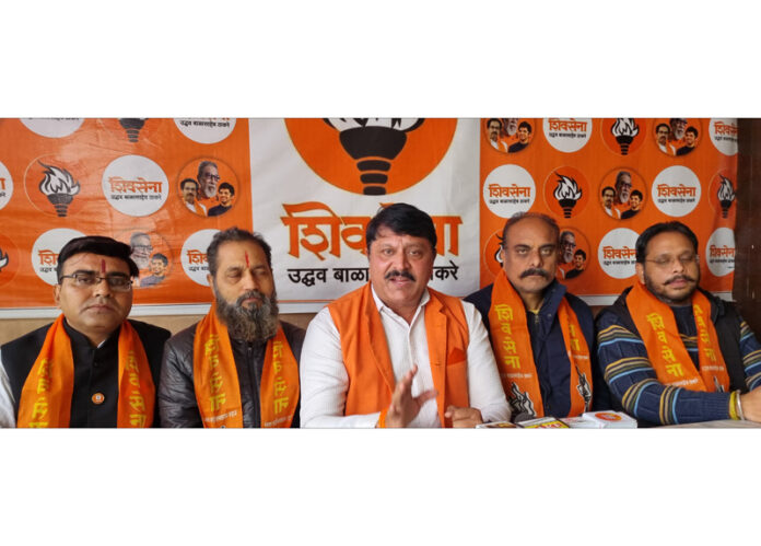 Shiv Sena (UBT) J&K chief, Manish Sahni addressing a press conference at Jammu.