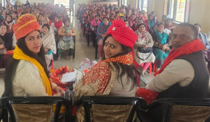 BJP Mahila Morcha leaders at a meeting in Lakhari Panchayat of Basohli on Friday.