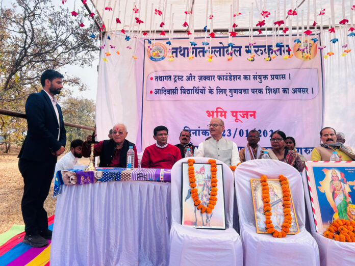 Dignitaries during ground-breaking ceremony of Tathagat Global Gurukulam in Balod district of Chhattisgarh.