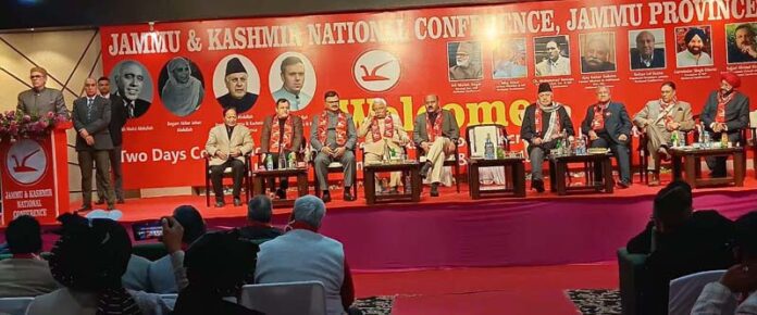 JKNC Vice-President and Chief Minister Omar Abdullah addressing party leaders and workers at Jammu on Tuesday.