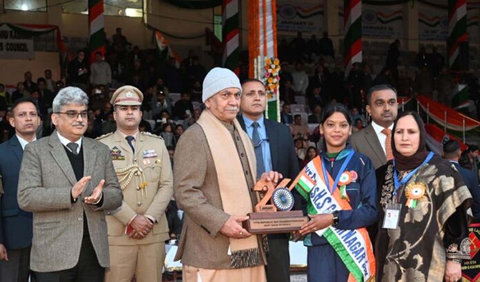 LG Manoj Sinha felicitating student on Thursday.