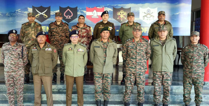 Northern Army Commander Lt Gen Pratik Sharma with officers from other security forces at Nagrota. Northern Army Commander Lt Gen Pratik Sharma with officers from other security forces at Nagrota.