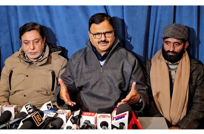 Minister Javed Rana during a press conference in Srinagar on Tuesday.