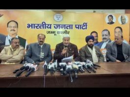 Sham Lal Sharma, accompanied by other BJP MLAs, addressing press conference at BJP headquarters in Jammu on Thursday.