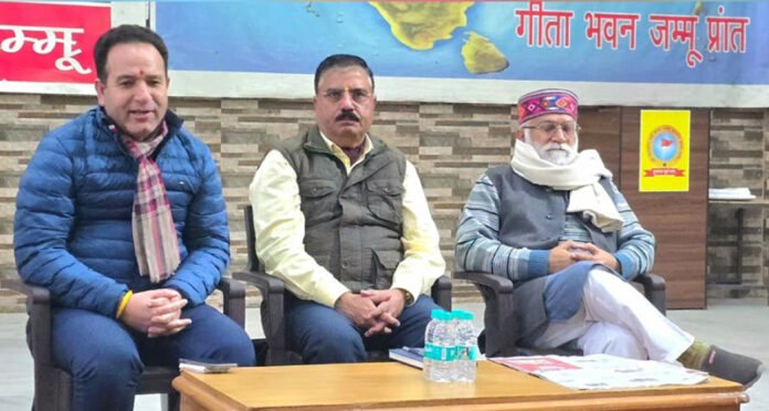 LoP Sunil Sharma during meeting with Sangharsh Samiti leaders at Geeta Bhawan in Jammu on Monday.