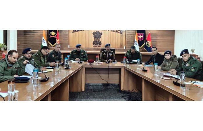 SSP Jammu Joginder Singh chairing a meeting of police officers in Jammu on Wednesday. SSP Jammu Joginder Singh chairing a meeting of police officers in Jammu on Wednesday.