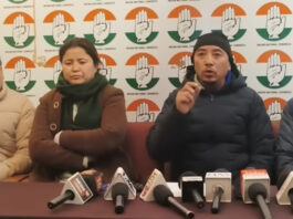 DCC Leh president Rigzin Namgial addressing press conference at Leh on Monday.