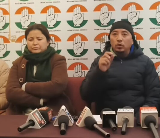 DCC Leh president Rigzin Namgial addressing press conference at Leh on Monday.