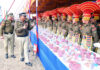 Border Security Force (BSF) Inspector General (IG) Solomon Yash Kumar Minz during the passing-out parade of the new recruits at the BSF Humhama Subsidiary Training Centre in Srinagar on Saturday. (UNI)