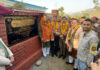 MP Jugal Kishore and others unveiling foundation stone of road project in Reasi.
