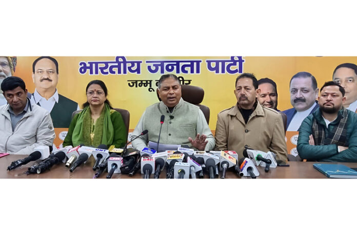 BJP president, Sat Sharma and party general secretaries at a press conference at Jammu on Wednesday. —Excelsior/Rakesh BJP president, Sat Sharma and party general secretaries at a press conference at Jammu on Wednesday. —Excelsior/Rakesh