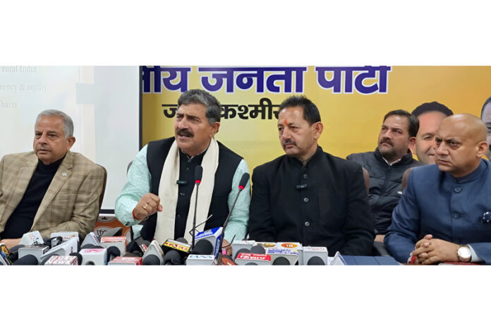 MP, Jugal Kishore Sharma and other BJP leaders at a press conference at Jammu on Tuesday. — Excelsior/Rakesh