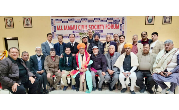 Members of All Jammu Civil Society Forum during a meeting on Saturday.