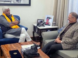 LG Ladakh Kavinder Gupta meeting with Union Minister Gajendra Singh Shekhawat on Sunday.