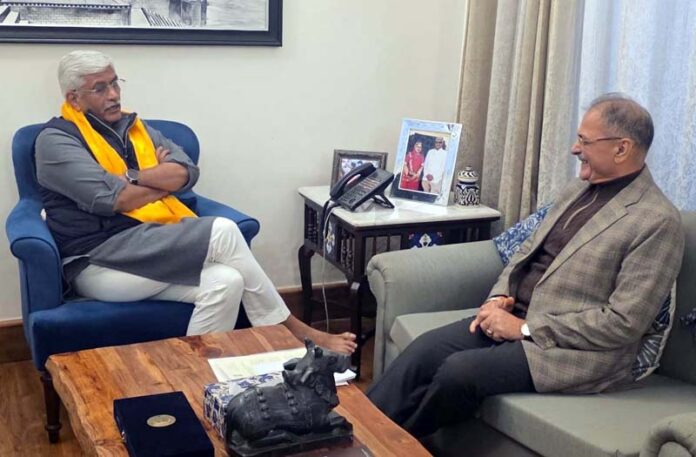 LG Ladakh Kavinder Gupta meeting with Union Minister Gajendra Singh Shekhawat on Sunday.