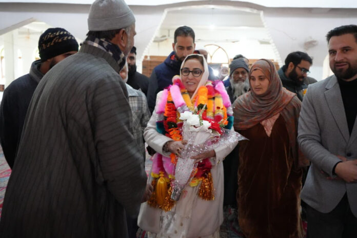 Waqf Board Chairperson Dr Darakhshan Andrabi meeting people after inaugurating Admn Block and OACP dome at a Ziyarat in Anantnag.