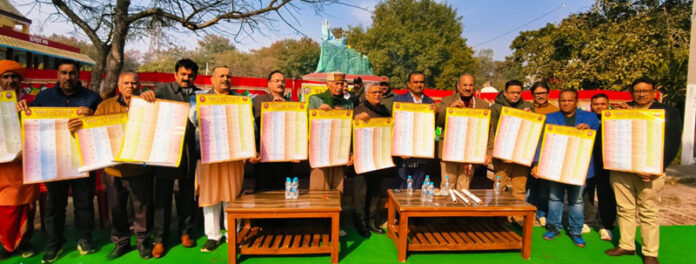 Dignitaries releasing the Laghu Panchang published by Kailakh Mandir Parbandhak Committee at Jammu on Sunday. Dignitaries releasing the Laghu Panchang published by Kailakh Mandir Parbandhak Committee at Jammu on Sunday.
