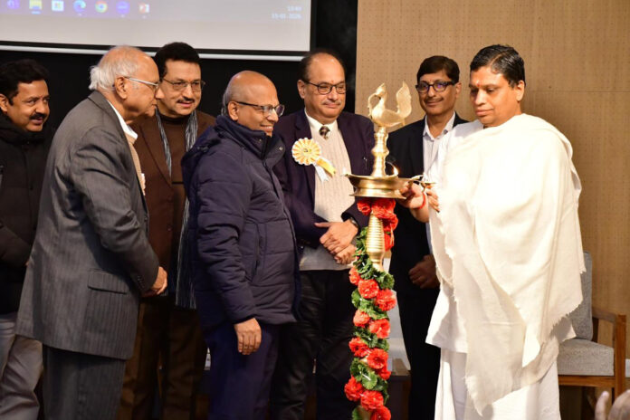 Acharya Balkrishan of Patanjali University lighting the ceremonial lamp to inaugurate a three day conference at Haridwar on Thursday.