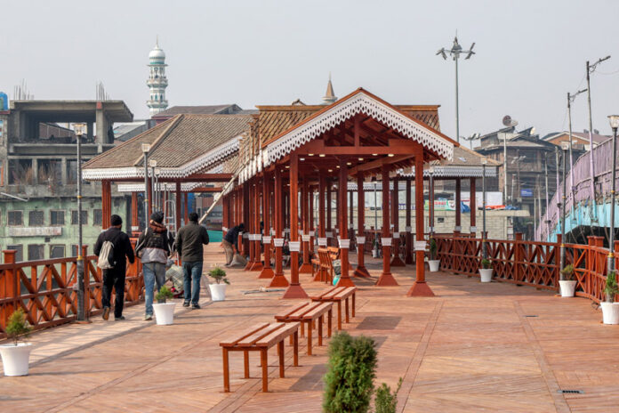 Newly renovated historic Amira Kadal bridge in Srinagar ready for pedestrians. -Excelsior/Shakeel