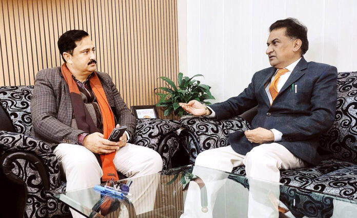 Former Chairperson, OBC, SC, ST Corporation Balbir Ram Rattan during a meeting with Director Social Welfare at Jammu on Tuesday.