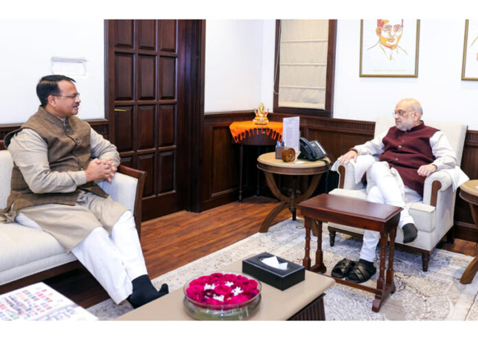 BJP vice president J&K, Rakesh Mahajan during a meeting with Union Home Minister, Amit Shah in New Delhi on Tuesday. BJP vice president J&K, Rakesh Mahajan during a meeting with Union Home Minister, Amit Shah in New Delhi on Tuesday.