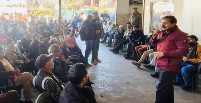 MLA Balwant Singh Mankotia addressing gathering during awareness program on SIR in Udhampur.