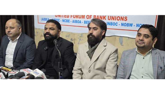 Representatives of All India Bank Officers Confederation and others during a press conference at Jammu. -Excelsior/Rakesh Representatives of All India Bank Officers Confederation and others during a press conference at Jammu. -Excelsior/Rakesh