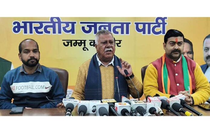 Senior BJP leader, Sukhnandan Choudhary along with other party leaders Dr Pardeep Mahotra and Deepak Pandy addressing a press conference at Jammu on Thursday. Senior BJP leader, Sukhnandan Choudhary along with other party leaders Dr Pardeep Mahotra and Deepak Pandy addressing a press conference at Jammu on Thursday.