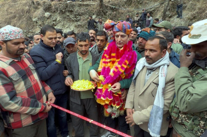MLA Doda, Shakti Raj Parihar laying foundation stone of road in Bari on Tuesday.
