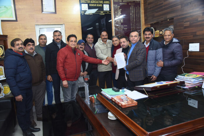 A delegation of All J&K Agriculture Officers Welfare Forum gives memorandum to Director Agriculture Jammu, Anil Gupta.