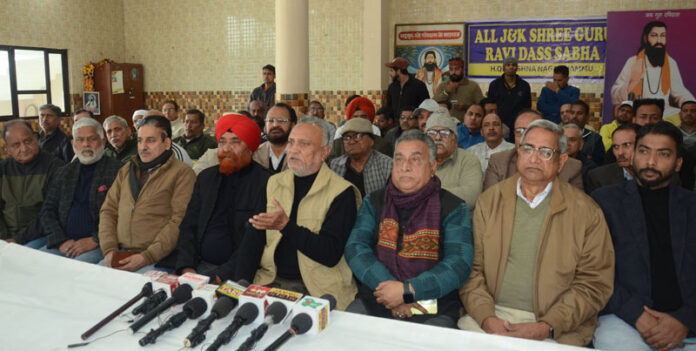Office bearers of AJKSGRDS addressing press conference at Jammu on Sunday. — Excelsior/Rakesh