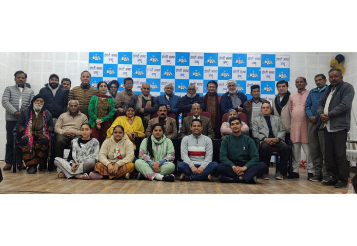 Dogri poets and writers posing together during Foundation Day celebration of Dogri Sanstha Jammu.
