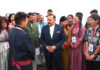 Union Minister Dr Jitendra Singh interacting with students from Ladakh at his New Delhi residence on Friday.