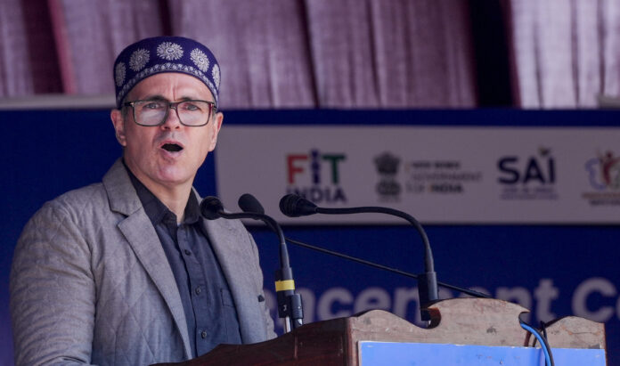 Jammu and Kashmir Chief Minister Omar Abdullah addresses the gathering during the commencement ceremony of the Khelo India Winter Games 2026, at Gulmarg in Baramulla district.