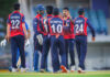 Nepal players celebrating after defeating UAE in T20 warm up match.