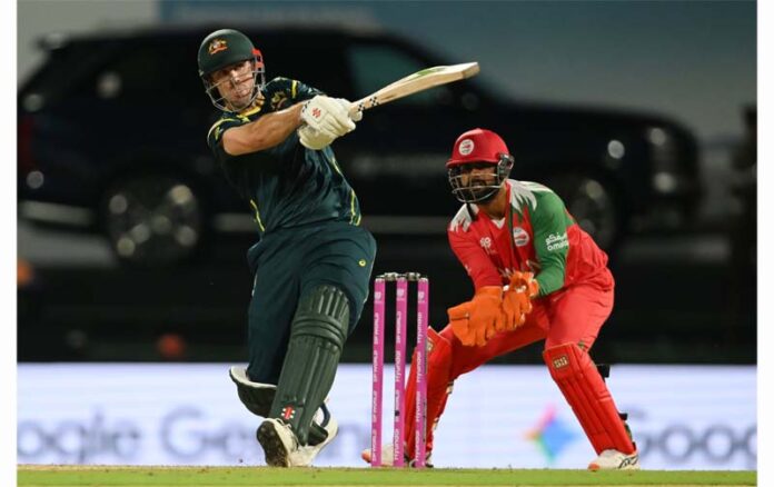 Australian player hitting a shot against Oman in Pallekele, Sri Lanka on Friday.