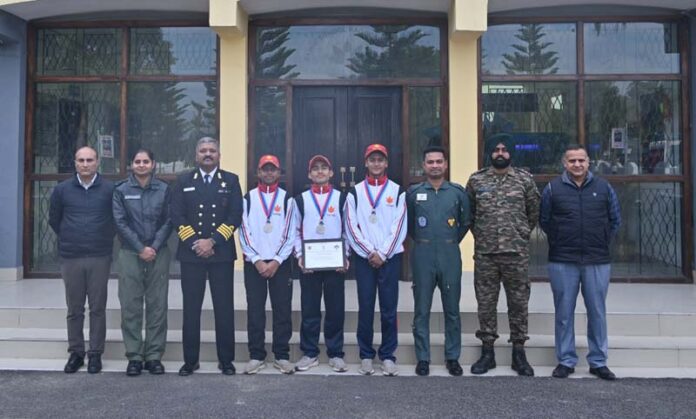 NCC Cadets posing along with school management and others.