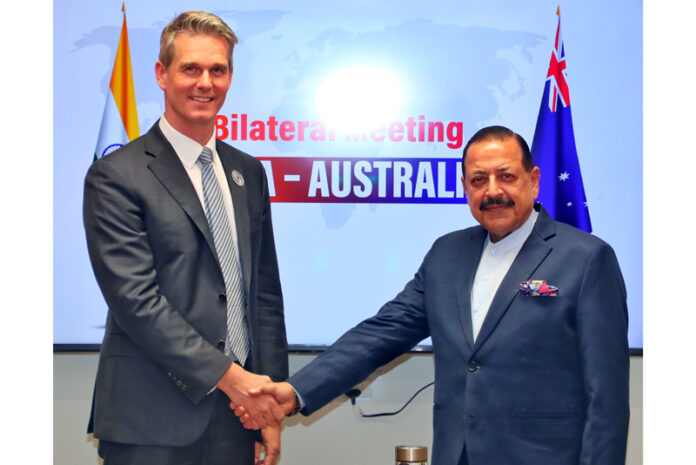 A high-level delegation led by Australia Minister for Science, Technology and Digital Economy Dr. Andrew Charlton MP calling on Union Minister Dr Jitendra Singh at Kartvaya Bhawan-3, New Delhi on Wednesday. A high-level delegation led by Australia Minister for Science, Technology and Digital Economy Dr. Andrew Charlton MP calling on Union Minister Dr Jitendra Singh at Kartvaya Bhawan-3, New Delhi on Wednesday.