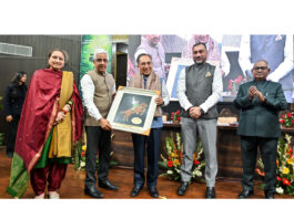 Chief Justice (Retd) Tashi Rabstan, JU Vice-Chancellor Prof Umesh Rai and others during inaugural of Intl Documentary Film Festival on Monday.