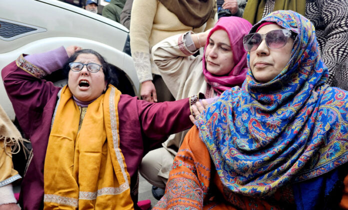 Anganwadi workers and helpers during a protest in Srinagar on Saturday. - Excelsior/Shakeel