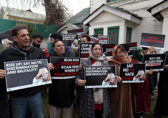 PDP leaders and workers during a protest at Party headquarters in Srinagar on Saturday. -Excelsior/Shakeel